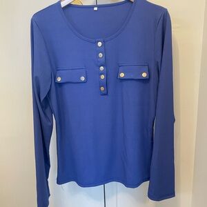 Blue Long Sleeve ribbed Buttoned Women's Top